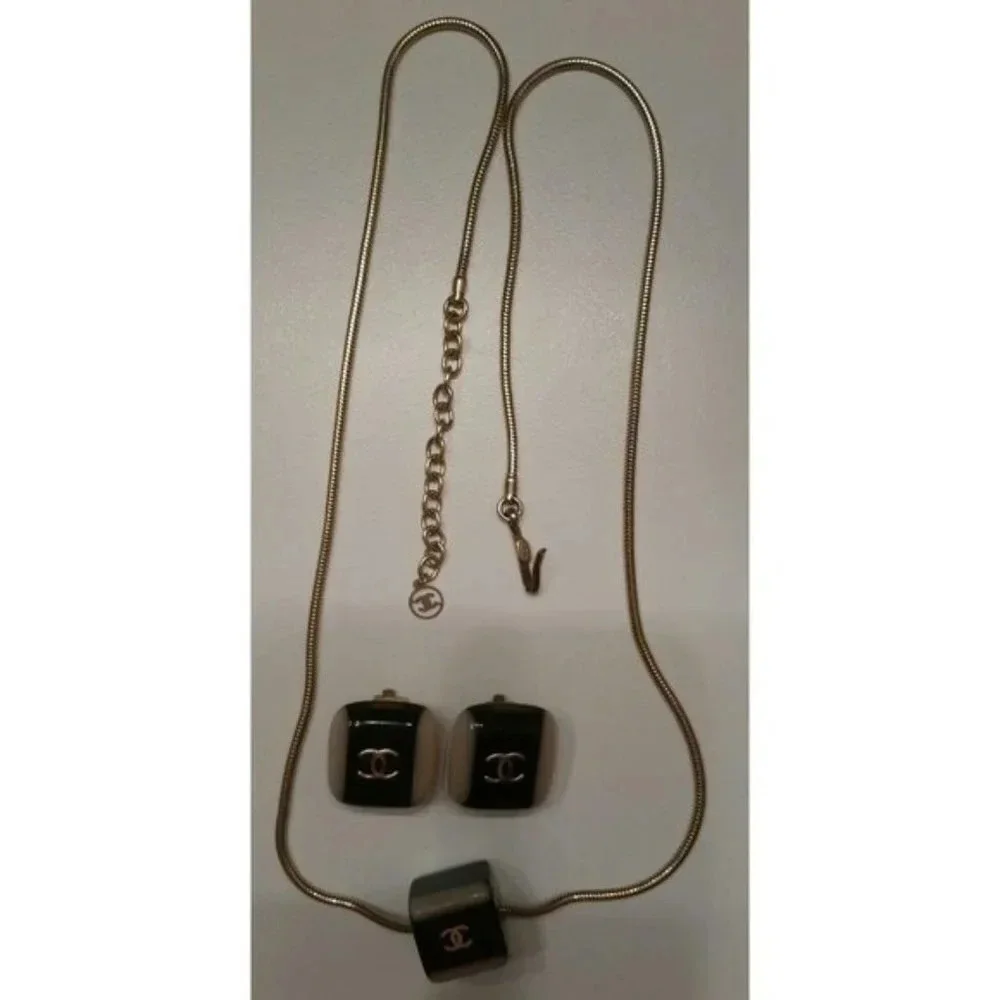 Vintage Authentic Chanel Logo Necklace &  Square Clip Earrings Set ~ Signature